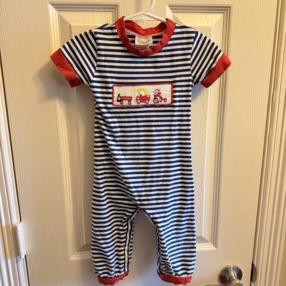 Southern Sass Smocks Smocked Coverall Longall Knit Cozy Coupe Boys Size 18 Month